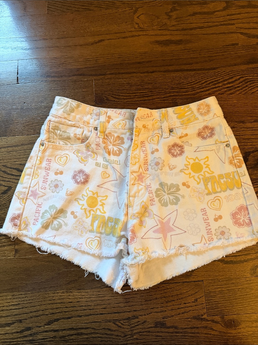 PacSun White Denim Shorts with Pastel Floral & Sun Print